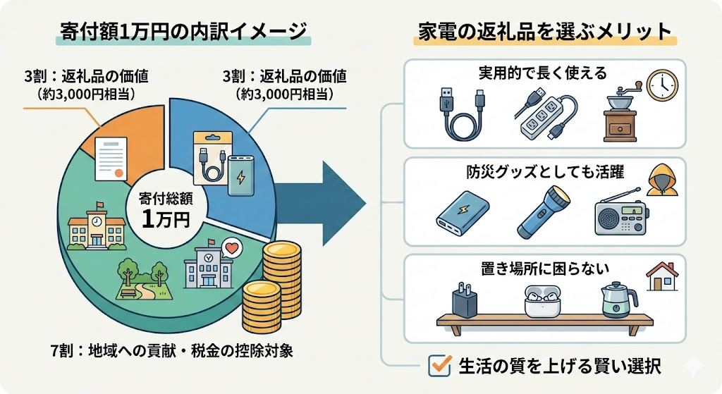 ふるさと納税の寄付額1万円の内訳イメージと返礼品を選ぶメリットのイラスト
