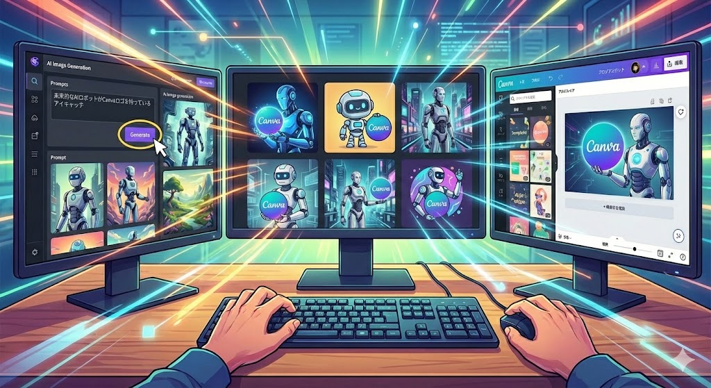 説明:テキスト入力欄にプロンプトを打ち込むと、複数のサムネイル画像が並んで表示されている画面風の図解 ALTテキスト:AI画像 アイキャッチ 作り方を説明する生成プロセスのイメージ画像