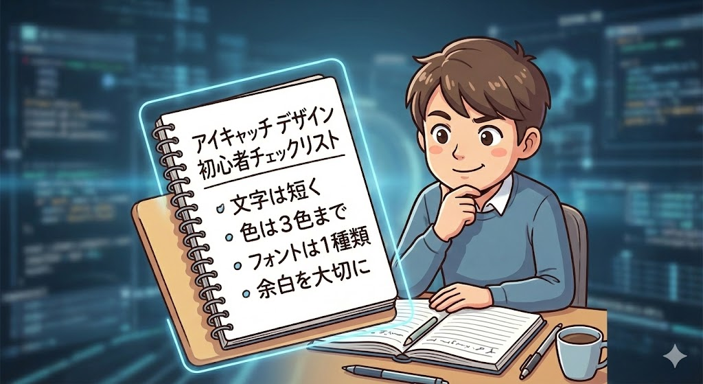説明:「文字は短く」「色は3色まで」などのポイントを箇条書きでまとめたノートと、それを見ている人物イラスト ALTテキスト:アイキャッチ デザイン 初心者向けのチェックリストイメージ