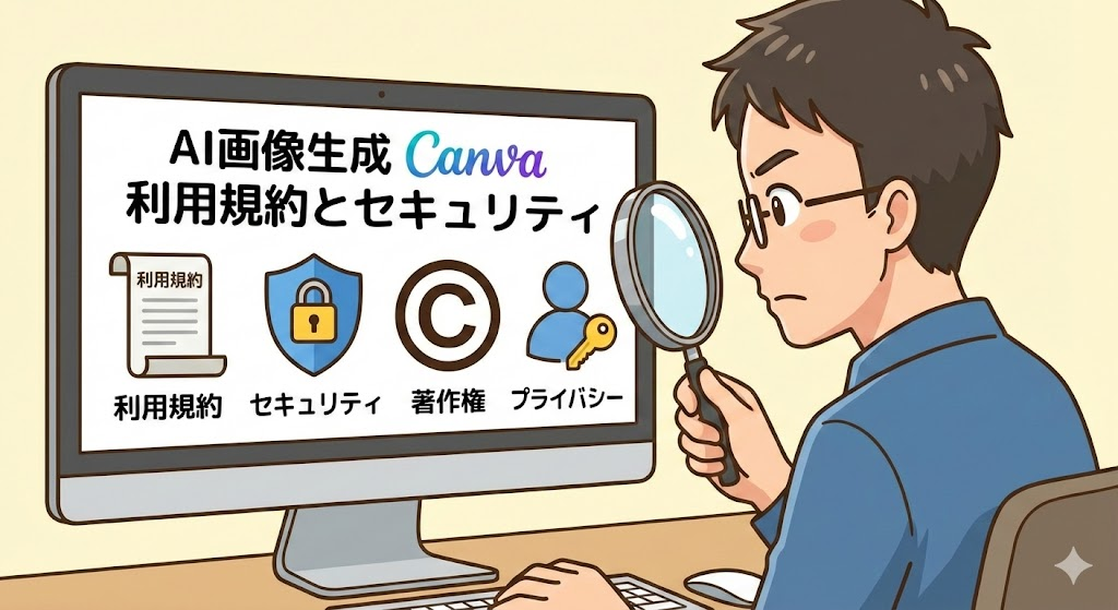 説明:パソコン画面に「利用規約」「セキュリティ」などのアイコンが表示されている、慎重に確認する様子のイラスト ALTテキスト:AI画像 Canva 使い方の注意点と利用規約確認をイメージした図