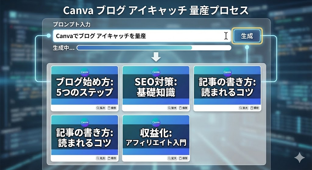 説明:同じデザイン構成で、タイトルだけが違うアイキャッチが3~4枚並んでいるサムネイル風イメージ ALTテキスト:Canvaでブログ アイキャッチを量産しているイメージ
