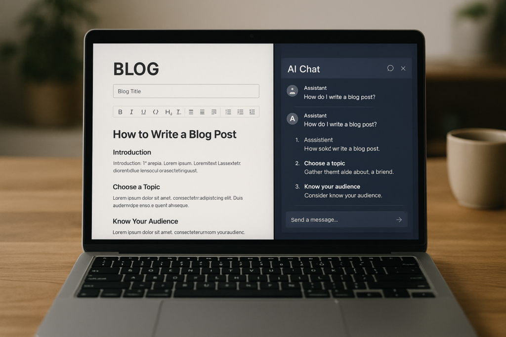 説明:ノートPCの画面にブログエディタが開いていて、AIとのチャット画面も横に並んでいるイメージ ALTテキスト:AIライティング ブログ記事 作り方でPCを使って記事を作成しているイメージ