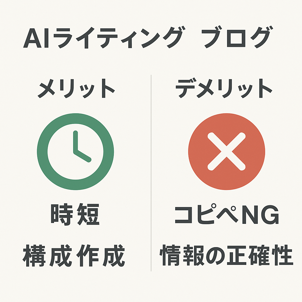 説明:メリット(時短・構成作成)とデメリット(コピペNG・情報の正確性)のアイコンを左右に並べた図解 ALTテキスト:AIライティング ブログで時短メリットと注意点を比較した図解