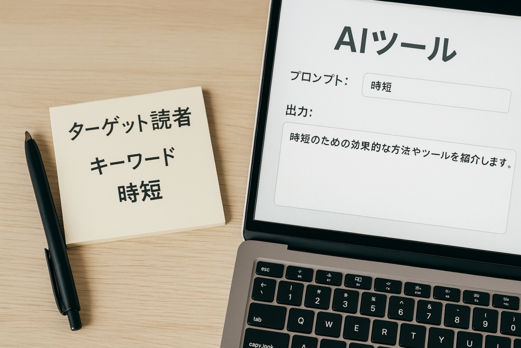 説明:ターゲット読者やキーワードを書いたメモと、AIツールの画面を並べたイメージ ALTテキスト:AIライティング 時短のために読者ペルソナとキーワードを決めている様子