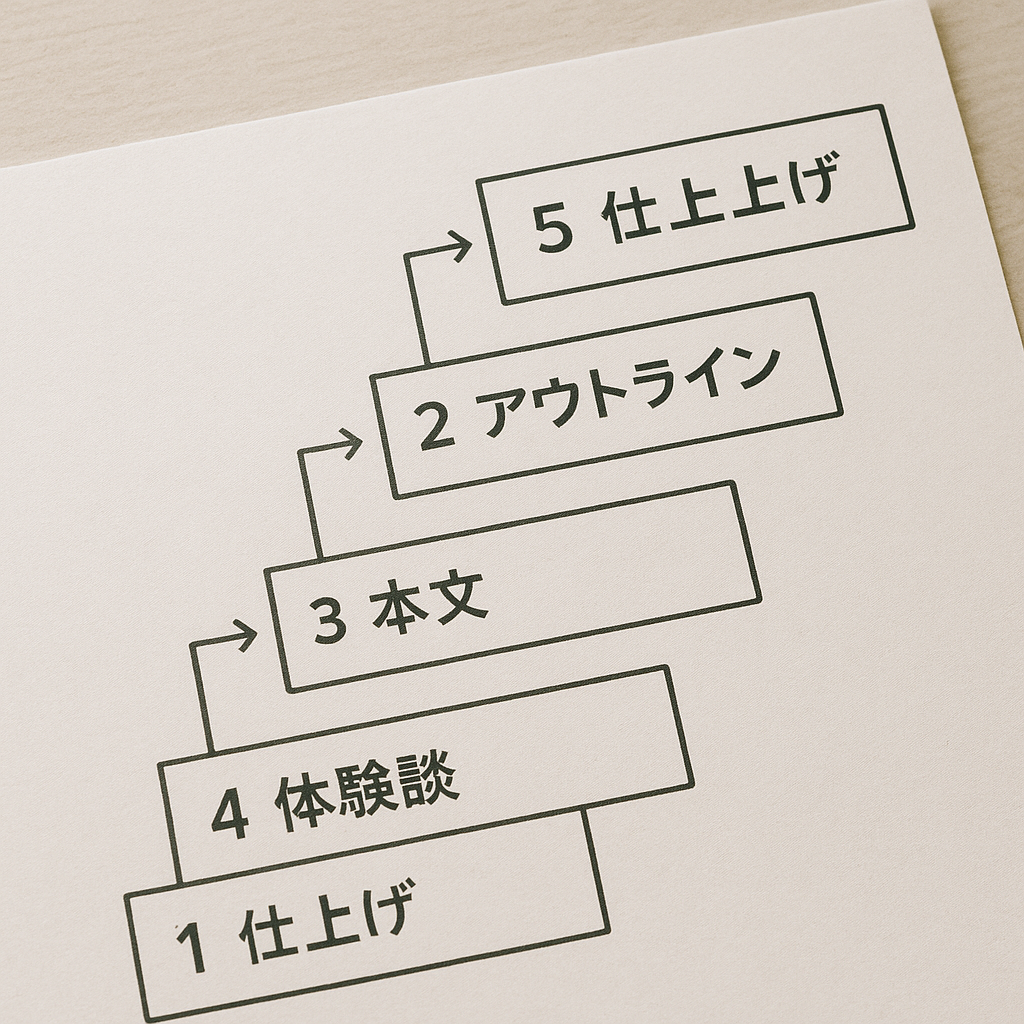 説明:5つのステップを階段状に並べたフローチャート(テーマ決め→アウトライン→本文→体験談→仕上げ) ALTテキスト:ブログ記事 作り方 テンプレを5ステップで示したフローチャート