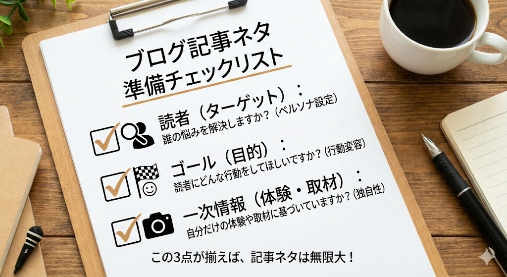 説明：困りごとが10個並んだメモ（付せん風でもOK）  ALTテキスト：ChatGPTでブログ記事ネタを洗い出すイメージ