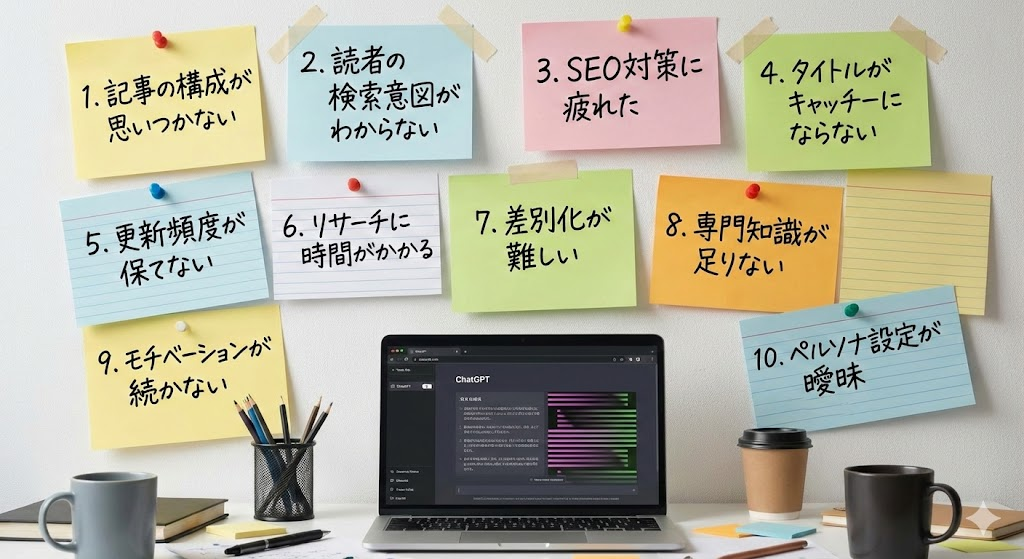 説明：困りごとが10個並んだメモ（付せん風でもOK）  ALTテキスト：ChatGPTでブログ記事ネタを洗い出すイメージ