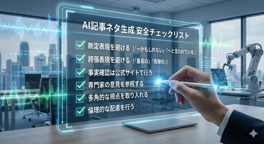 説明：安全チェック項目（断定しない・誇張しない・公式確認など）が並ぶチェックリスト  ALTテキスト：AIライティング 記事ネタ 出し方の安全チェック項目イメージ