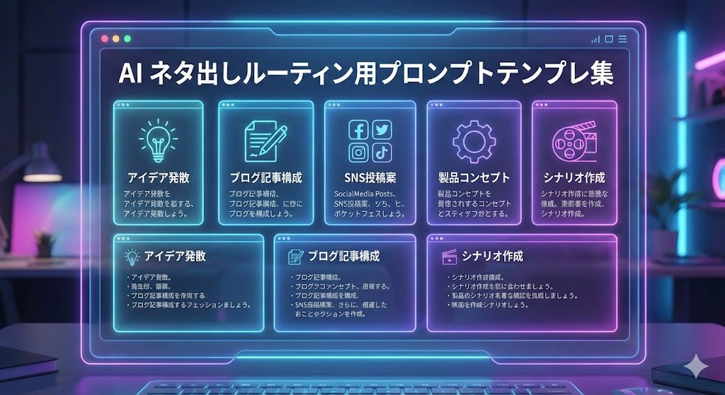 説明：プロンプトテンプレがカード状に並んでいる画面イメージ  ALTテキスト：AI ネタ出し ルーティン用プロンプトテンプレ集のイメージ