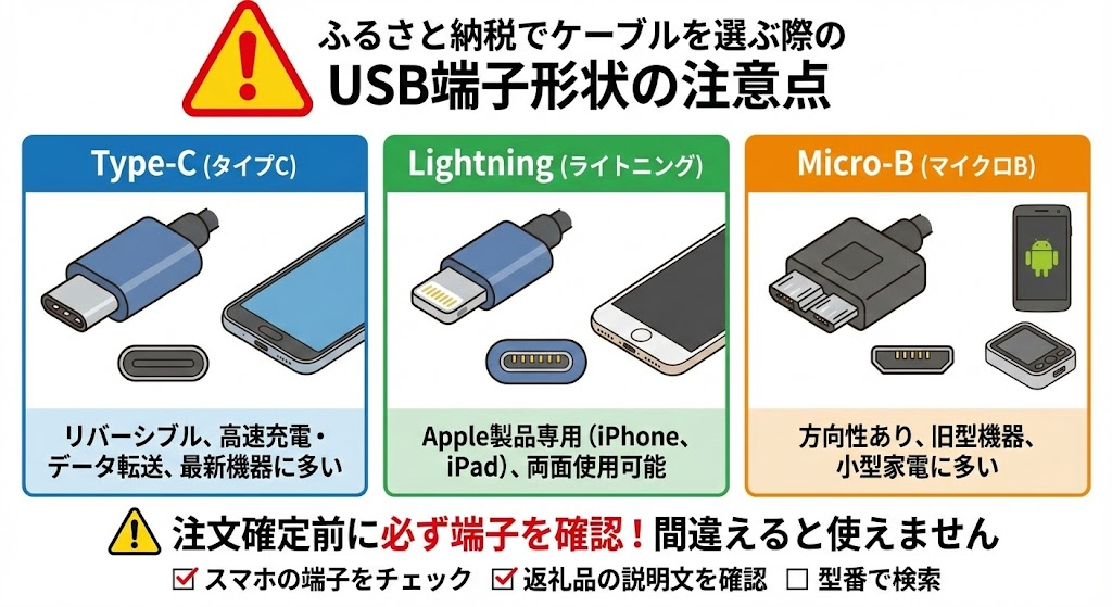ふるさと納税でケーブルを選ぶ際のUSB端子形状の注意点のイラスト