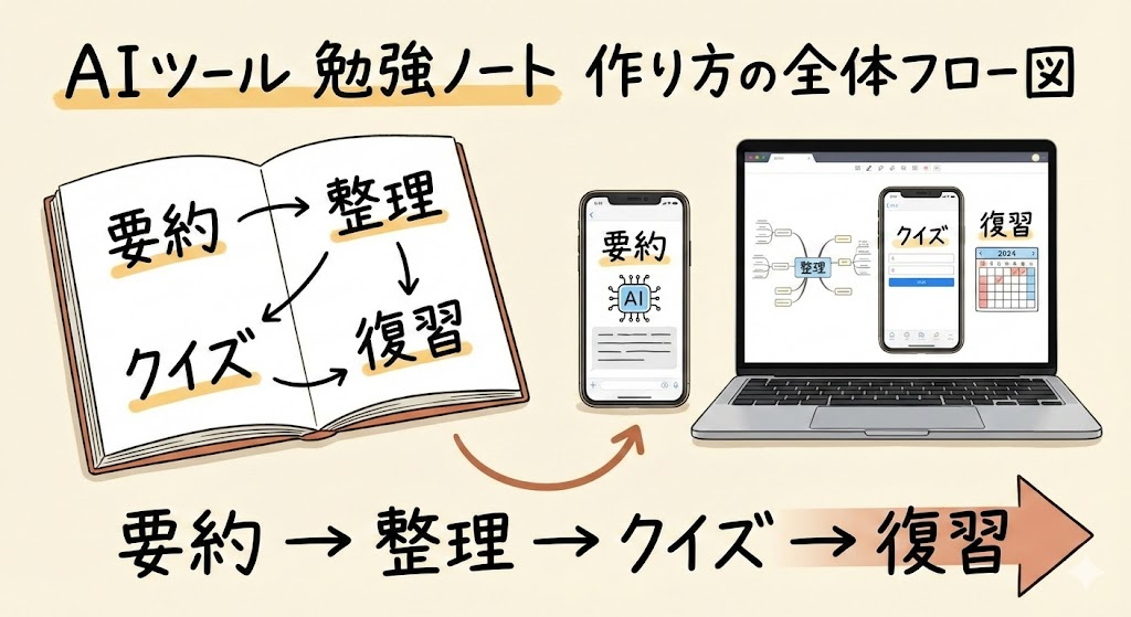 説明:ノートとスマホ/PCが並び、「要約→整理→クイズ→復習」と矢印でつながる図 ALTテキスト:AIツール 勉強ノート 作り方の全体フロー図