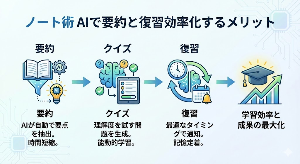 説明:要約・クイズ・復習のメリットを3アイコンで示したシンプル図解 ALTテキスト:ノート術 AIで要約と復習効率化するメリット
