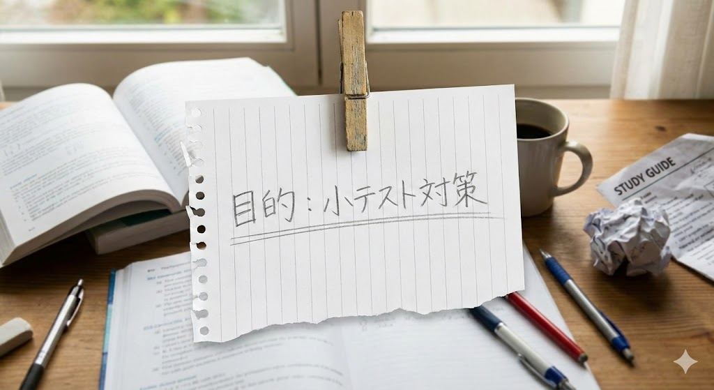 説明:目的を1行で書いたメモ(例:小テスト対策、資格対策など)の写真風 ALTテキスト:勉強ノート 作り方 コツとして目的を決めるメモ