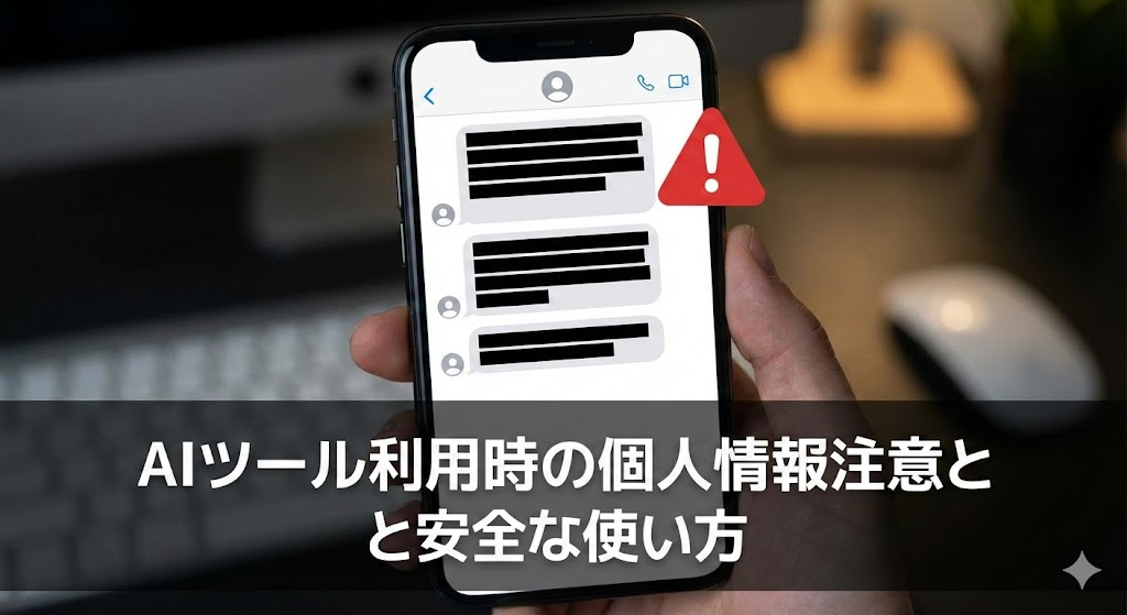 説明:黒塗りされた個人情報があるスクショ例(注意喚起のイメージ) ALTテキスト:AIツール利用時の個人情報注意と安全な使い方