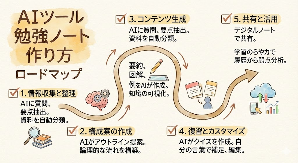 説明:ステップ1〜5をチェックボックスで並べたロードマップ図 ALTテキスト:AIツール 勉強ノート 作り方の5ステップ手順