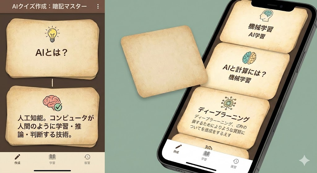 説明:一問一答カードが並ぶ画面イメージ(用語カード風) ALTテキスト:AI クイズ 作成で暗記 アプリ 代わりに使うイメージ