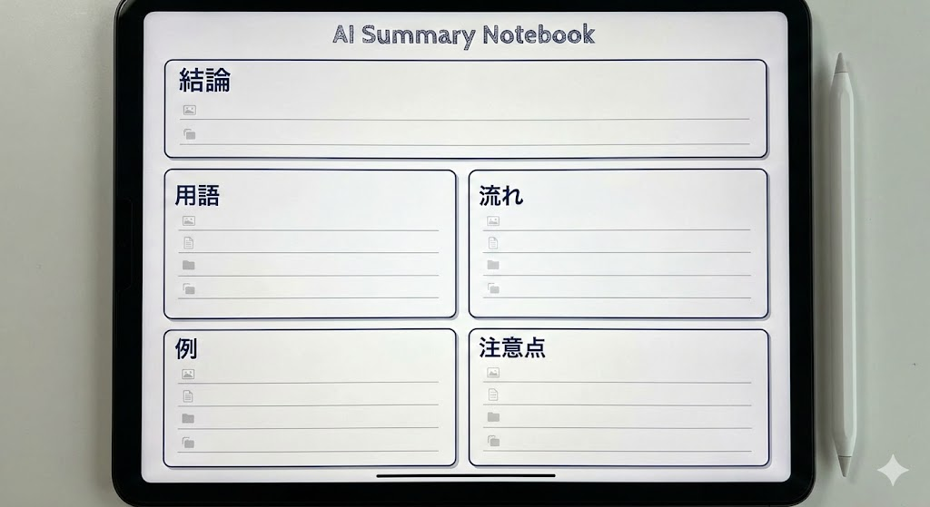 説明:ノートの型(結論・用語・流れ・例・注意点)が枠で整理されたテンプレ画像 ALTテキスト:授業ノート まとめ方に使えるAIノートテンプレ