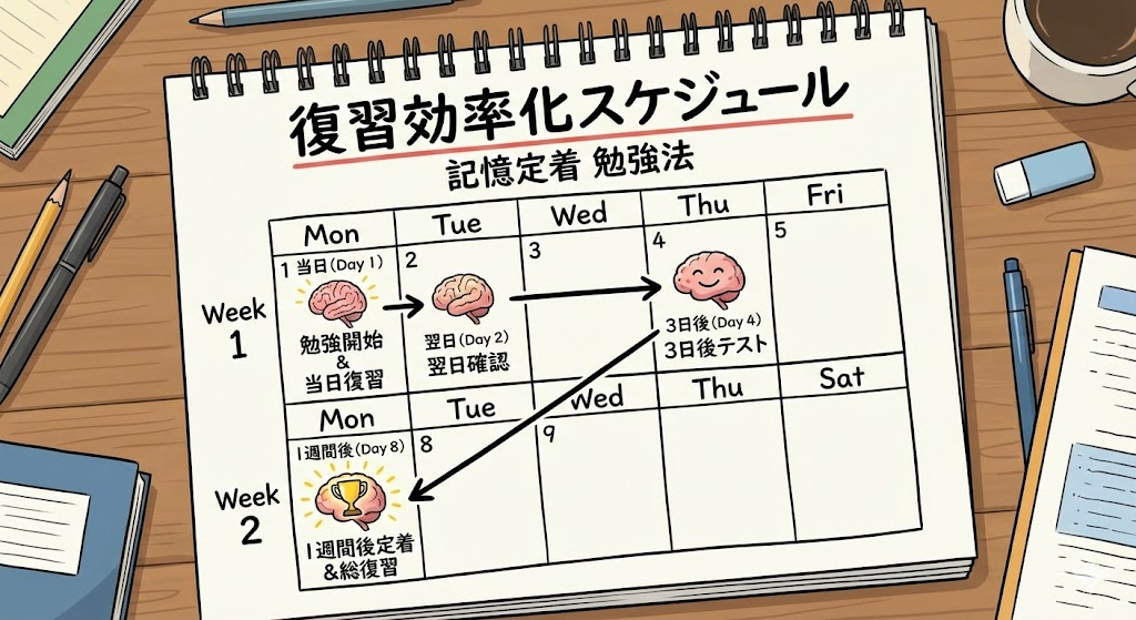 説明:当日→翌日→3日後→1週間後の復習カレンダー図 ALTテキスト:復習 効率化と記憶定着 勉強法のスケジュール例