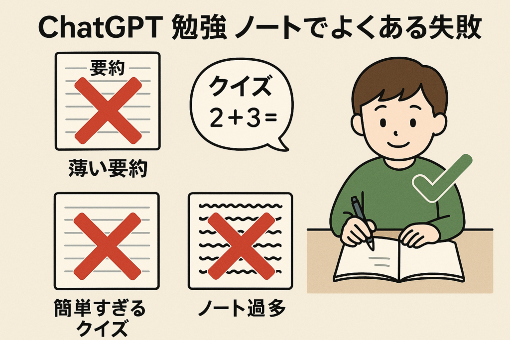説明:失敗例(薄い要約・簡単すぎるクイズ・ノート過多)を×で示した図 ALTテキスト:ChatGPT 勉強 ノートでよくある失敗と対策