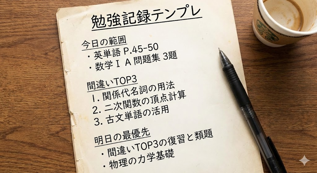 説明:勉強記録テンプレ(今日の範囲/間違いTOP3/明日の最優先)が書かれたメモ画像 ALTテキスト:勉強 記録 テンプレで学習を続ける方法