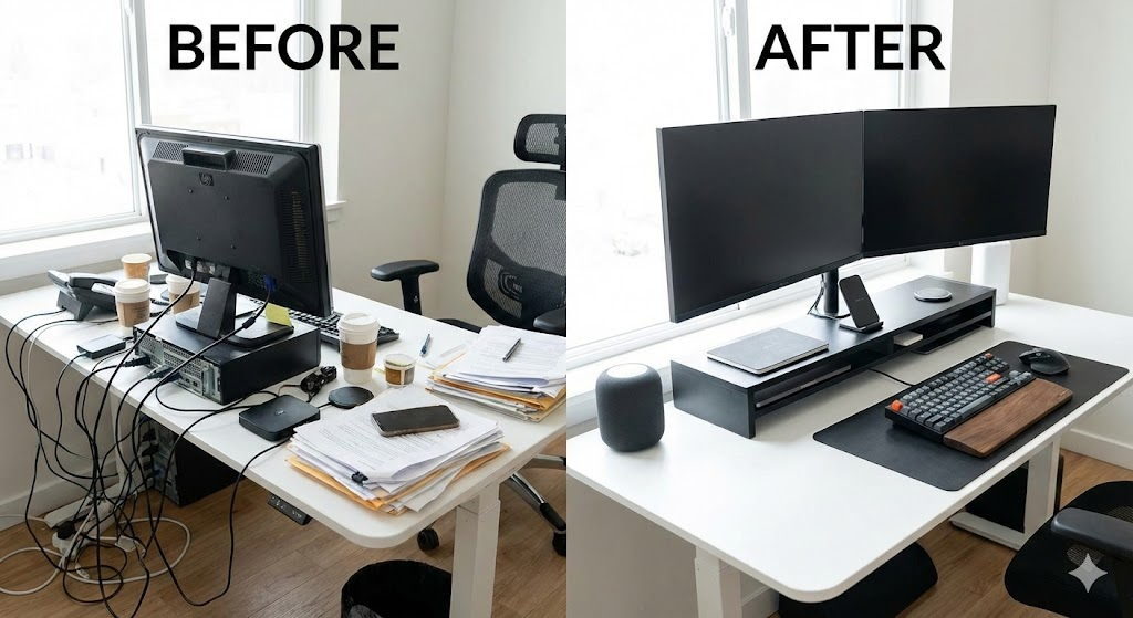 説明：散らかったデスクと整ったデスクのビフォーアフター写真 ALTテキスト：在宅ワーク デスク周り ガジェットで作業環境を改善するビフォーアフター
