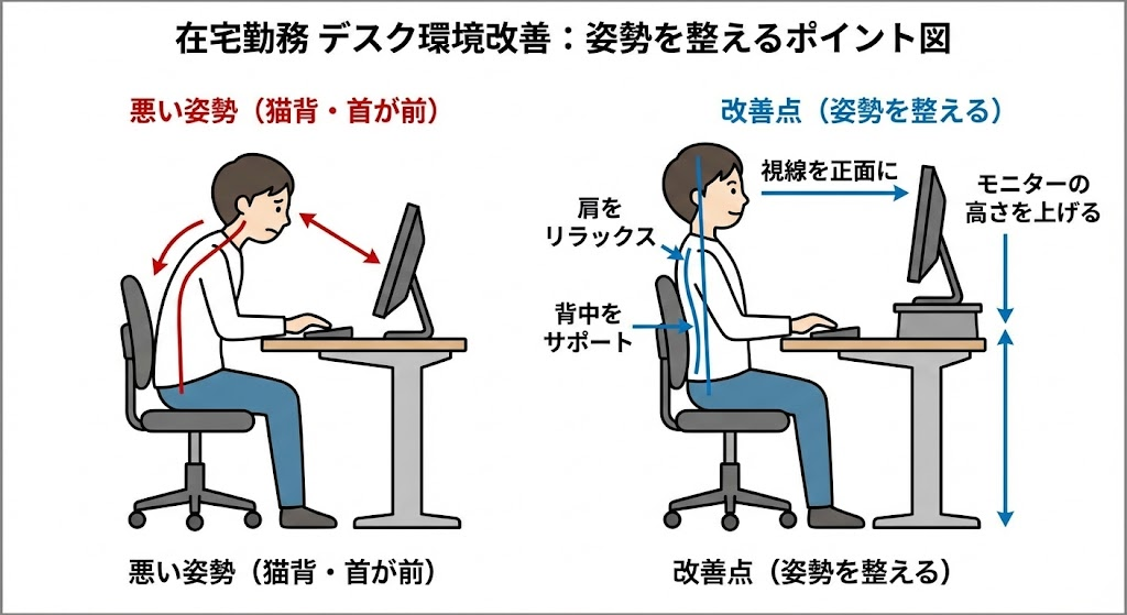 説明：猫背・首が前に出る姿勢のイメージ図（シンプルな図解）  ALTテキスト：在宅勤務 デスク環境 改善で姿勢を整えるポイント図