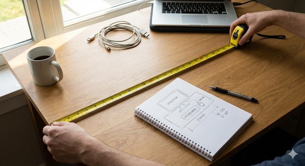 説明：メジャーで机の幅・奥行きを測り、配置ラフを書いたメモ  ALTテキスト：デスク周り ガジェット おすすめを選ぶ前のサイズ確認イメージ