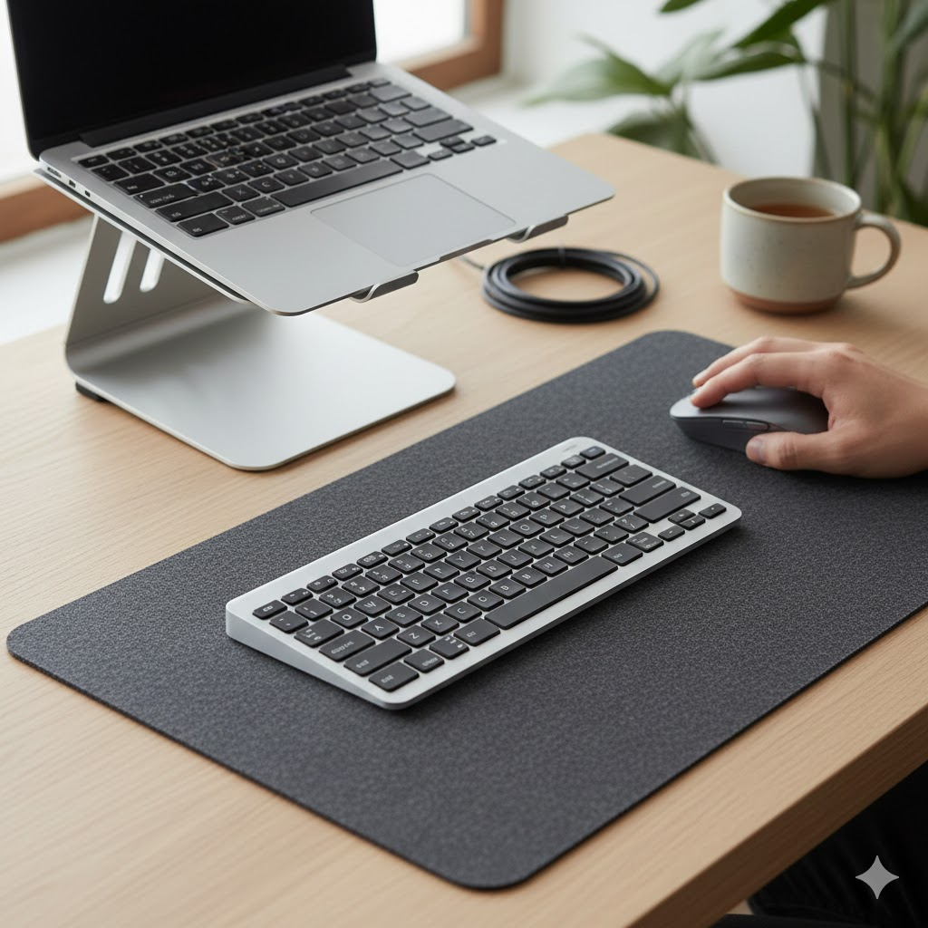 説明：PCスタンド・静音キーボード・静音マウスを配置した手元の写真  ALTテキスト：静音 キーボード おすすめとマウス 静音 おすすめの在宅ワーク用セット