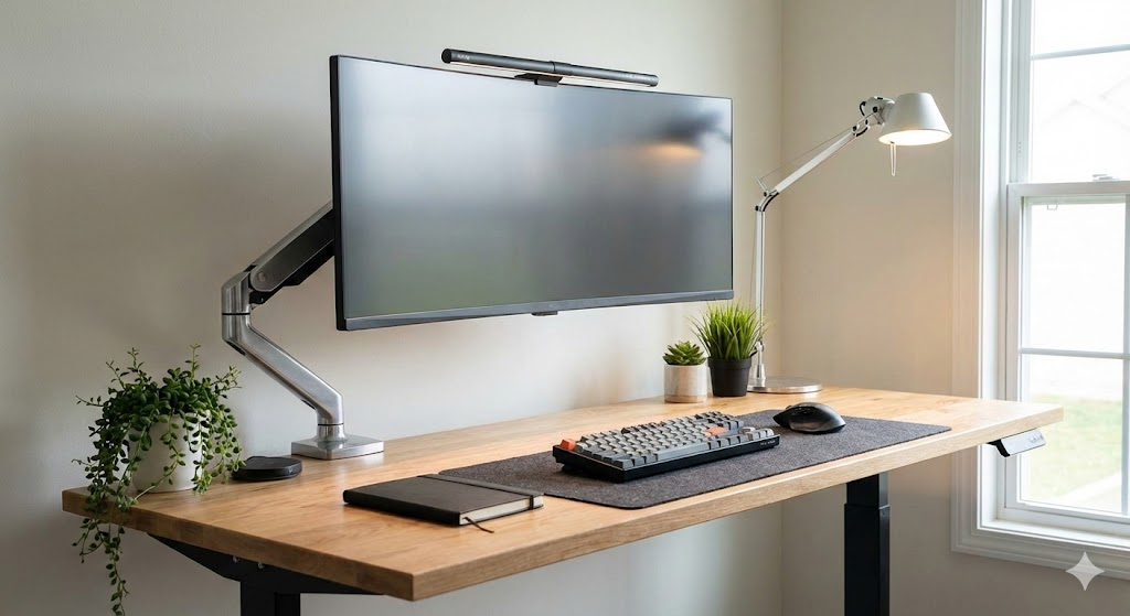 説明：モニターアーム＋デスクライトの完成デスク（斜め前から）  ALTテキスト：モニターアーム おすすめとデスクライト おすすめで整えたデスク環境