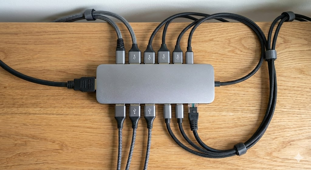 説明：USB-Cハブに各ケーブルをまとめて接続しているアップ  ALTテキスト：USBハブ おすすめで在宅ワークの配線をまとめるイメージ