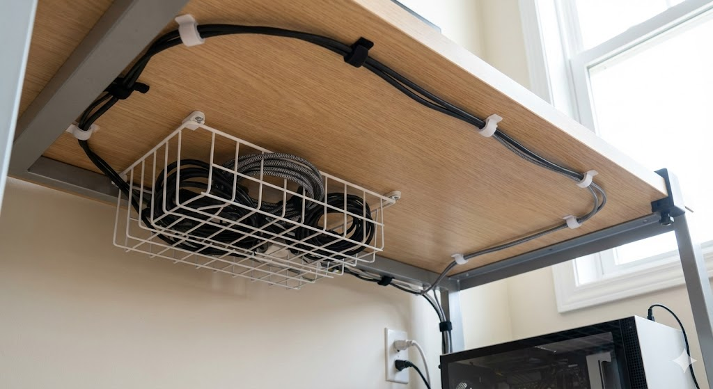 説明：机裏のケーブルトレーとケーブルクリップで配線固定した例  ALTテキスト：ケーブル収納 デスクで配線をごちゃつかせない整理術