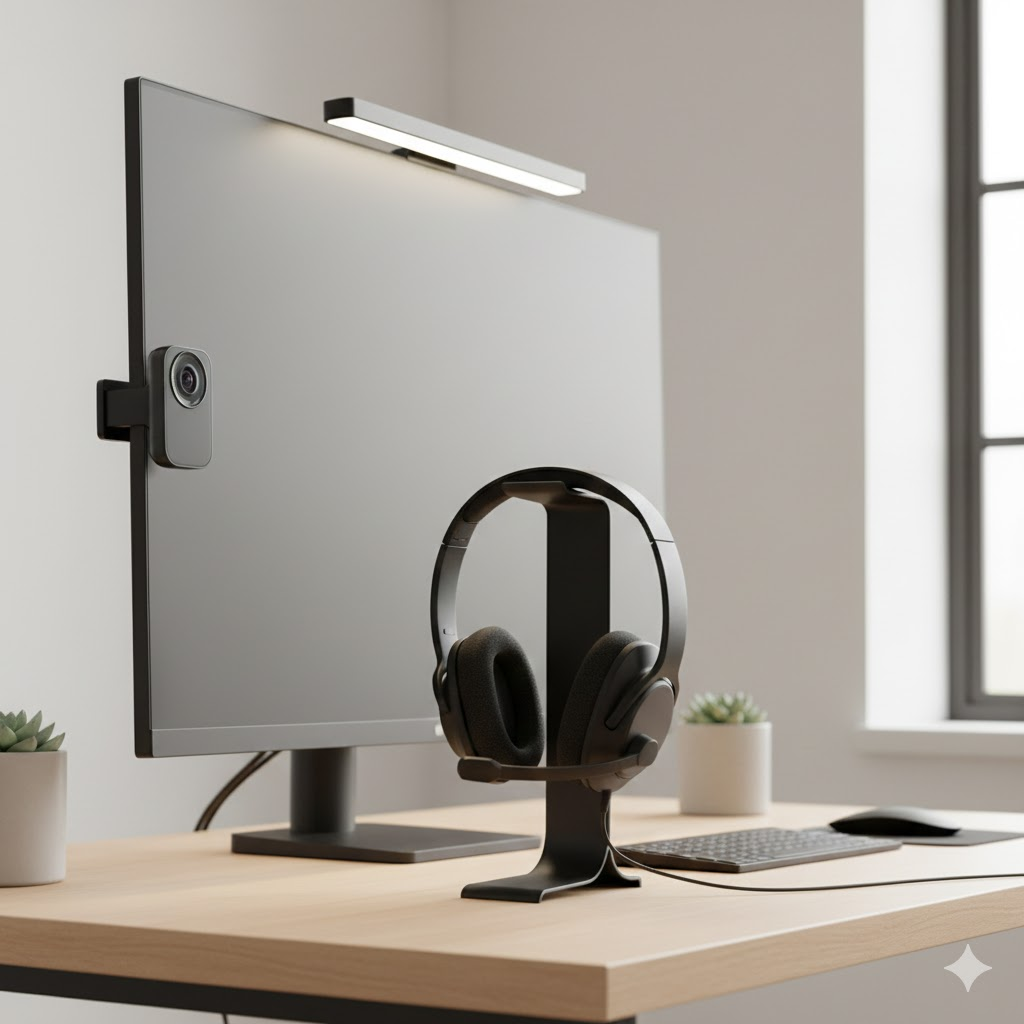 説明：会議用ヘッドセット＋Webカメラ／ライトの設置イメージ  ALTテキスト：テレワーク ガジェット おすすめでオンライン会議を快適にするイメージ
