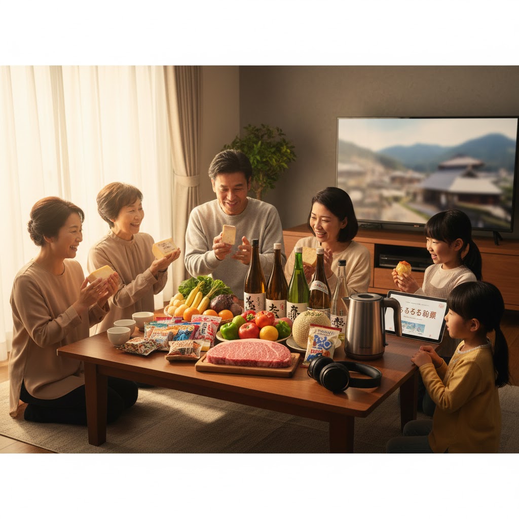 ふるさと納税の返礼品を並べた家族団らんのイメージ