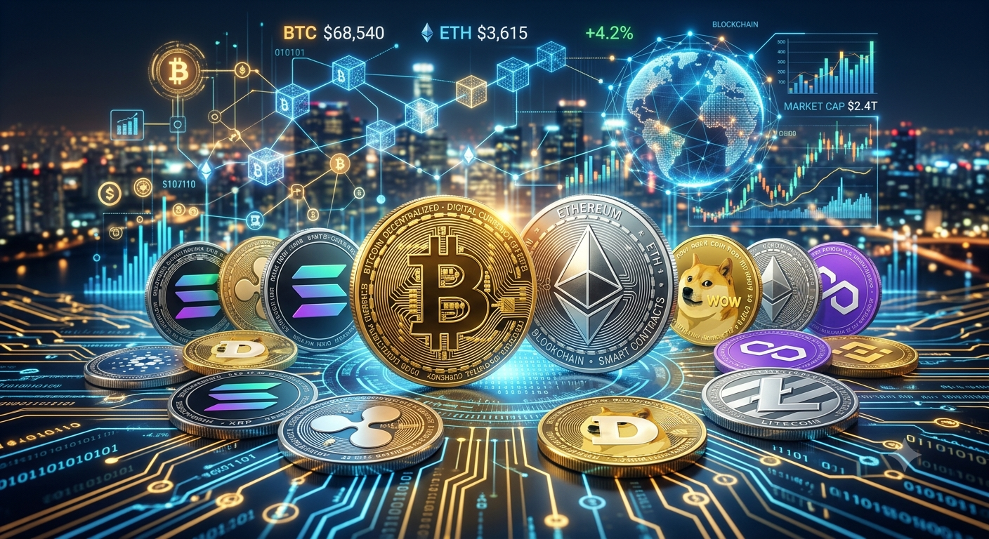 ビットコインやイーサリアムなど暗号資産のコインが並ぶデジタルイメージのイラスト
