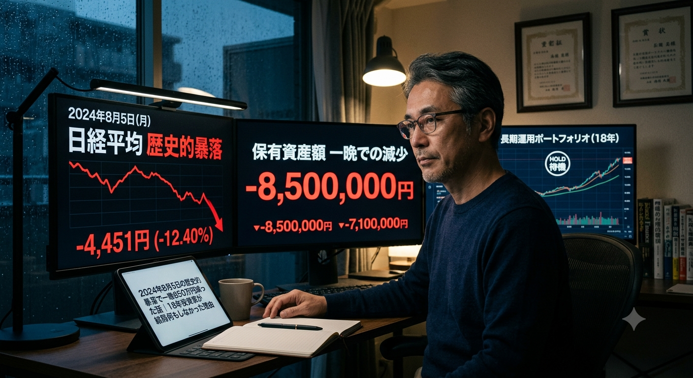 2024年8月5日の日経平均の歴史的暴落（-4,451円）で保有資産が一晩で850万円減少したことを示すモニターを見つめる投資家のイラスト