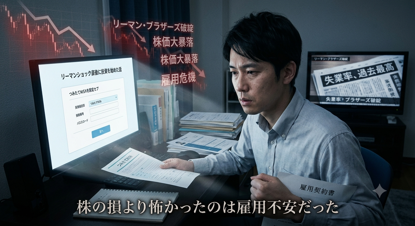 リーマンショック後の雇用不安の中、パソコンと書類を前に不安な表情を浮かべる男性のイラスト。「株の損より怖かったのは雇用不安だった」の文字入り
