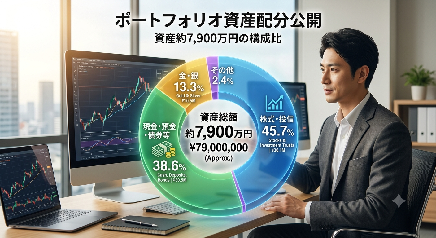 資産約7,900万円のポートフォリオ配分を示すドーナツグラフ。株式・投信45.7%、現金・預金・債券等38.6%、金・銀13.3%