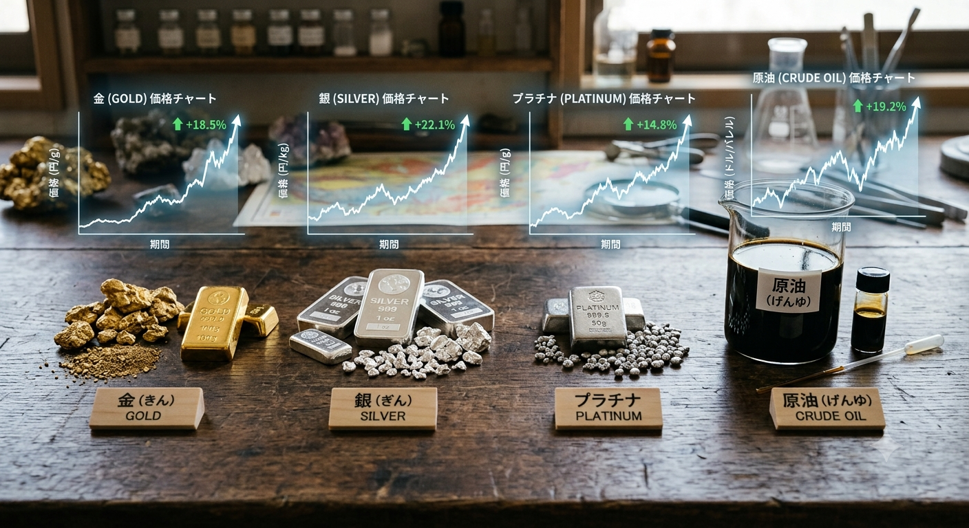 金・銀・プラチナ・原油の現物サンプルと上昇する価格チャートを並べたコモディティ投資のイメージイラスト